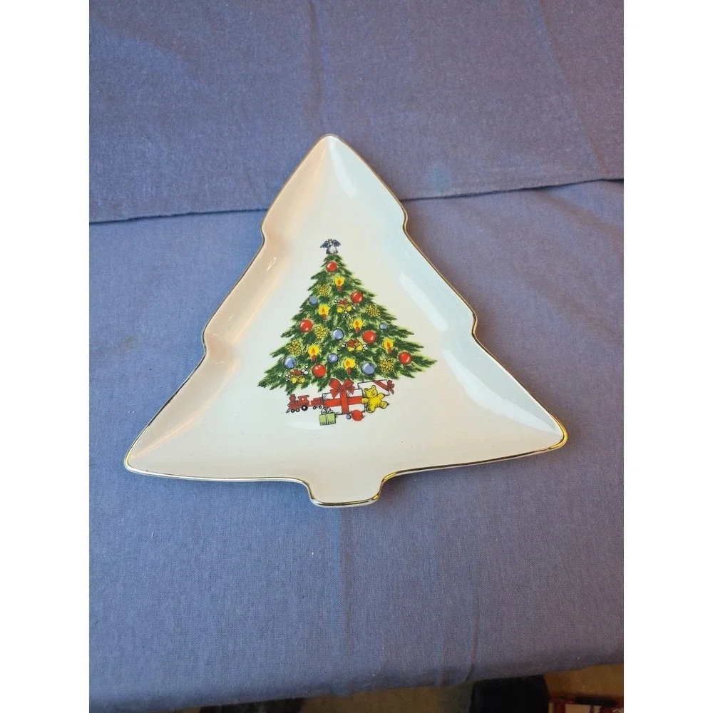 Jamestown China Christmas Treasure Tree Shape Candy Dish Gold Trim Japan Ceramic